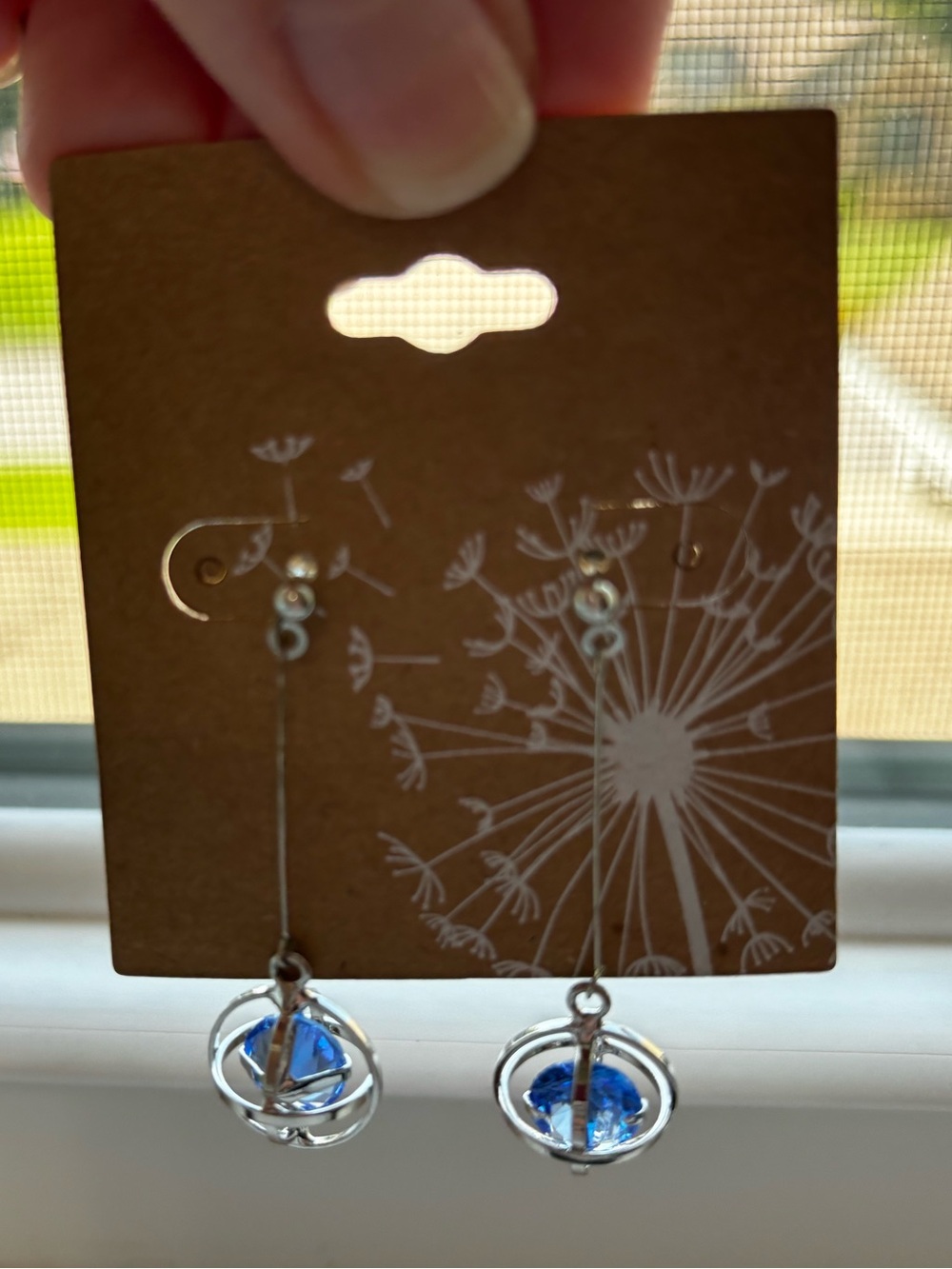 Silver Tone Dangle Globe Earrings with Blue Gemstone